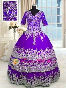 Attractive V-neck Half Sleeves Quinceanera Gown Floor Length Beading and Appliques and Ruffled Layers Purple Tulle