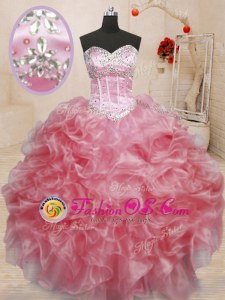 Best Selling Baby Pink Organza Lace Up Sweetheart Sleeveless Floor Length 15th Birthday Dress Beading