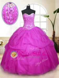 Sequins Pick Ups Ball Gowns Quinceanera Dresses Fuchsia Sweetheart Tulle Sleeveless Floor Length Lace Up
