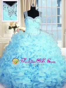 Charming Aqua Blue Ball Gowns Organza Straps Sleeveless Beading and Ruffles Floor Length Zipper Ball Gown Prom Dress