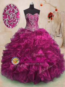 Fuchsia Lace Up Sweetheart Beading and Ruffles 15th Birthday Dress Organza Sleeveless Sweep Train