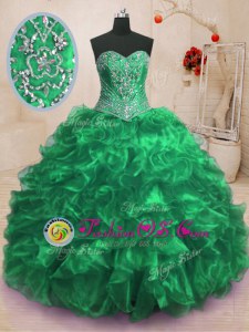 Classical Sweetheart Sleeveless Sweep Train Lace Up Ball Gown Prom Dress Green Organza
