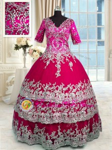 Luxurious Half Sleeves Floor Length Beading and Appliques and Ruffled Layers Zipper Quinceanera Dress with Red and Hot Pink