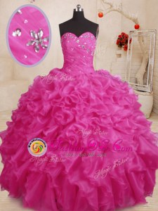 Artistic Floor Length Hot Pink Ball Gown Prom Dress Organza Sleeveless Beading and Ruffles