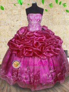 Sweet Fuchsia Sweet 16 Dresses Military Ball and Sweet 16 and Quinceanera and For with Beading and Embroidery and Pick Ups Strapless Sleeveless Lace Up