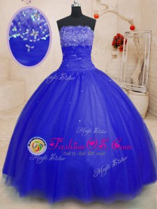 Royal Blue Tulle Lace Up Sweet 16 Dress Sleeveless Floor Length Beading