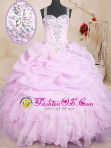 Lilac Lace Up Quinceanera Dresses Beading and Ruffles and Pick Ups Sleeveless Floor Length