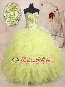 Amazing Light Yellow Lace Up Vestidos de Quinceanera Beading and Ruffles Sleeveless Floor Length