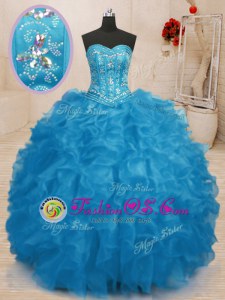 Elegant Baby Blue Lace Up Vestidos de Quinceanera Beading and Ruffles Sleeveless Floor Length