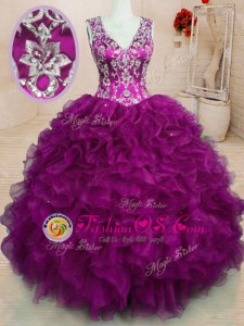 Suitable Fuchsia Ball Gowns Beading and Embroidery and Ruffles Ball Gown Prom Dress Backless Organza Sleeveless Floor Length