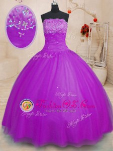 Purple Ball Gowns Strapless Sleeveless Tulle Floor Length Lace Up Beading Quinceanera Dresses
