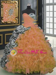 Smart Orange Organza and Printed Lace Up Sweetheart Sleeveless With Train Sweet 16 Dress Brush Train Beading and Ruffles and Pattern