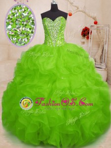 Green Organza Lace Up Sweetheart Sleeveless Floor Length Sweet 16 Dress Beading and Appliques and Ruffles and Ruching