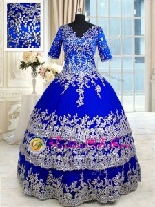 Fitting Royal Blue Zipper Quinceanera Dress Appliques and Ruffled Layers Half Sleeves Floor Length