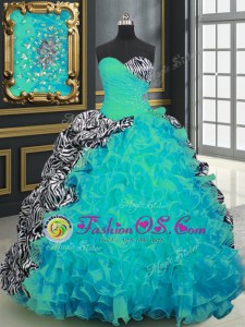Edgy Aqua Blue Organza and Printed Lace Up Sweetheart Sleeveless With Train Quinceanera Dresses Brush Train Beading and Ruffles and Pattern