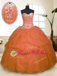 High End Orange Zipper Sweetheart Sequins and Pick Ups Quince Ball Gowns Tulle Sleeveless