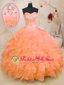 Suitable Sweetheart Sleeveless Organza 15th Birthday Dress Beading and Ruffles Lace Up