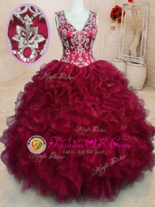 Hot Selling Wine Red Sweet 16 Quinceanera Dress Military Ball and Sweet 16 and Quinceanera and For with Beading and Embroidery and Ruffles V-neck Sleeveless Zipper