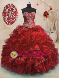 Sophisticated Sleeveless Organza With Train Sweep Train Lace Up 15th Birthday Dress in Wine Red for with Beading and Ruffles