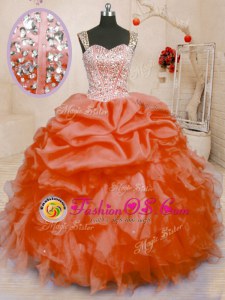 Sleeveless Organza Floor Length Lace Up Quinceanera Dress in Orange Red for with Beading and Ruffles and Pick Ups