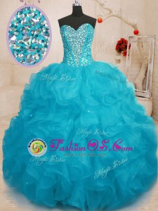 Orange Ball Gowns Beading and Ruffles 15 Quinceanera Dress Lace Up Organza Sleeveless Floor Length