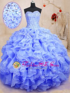 Sweetheart Sleeveless 15th Birthday Dress Floor Length Beading and Ruffles Lavender Organza