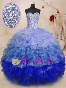 Luxury Multi-color Ball Gowns Organza Sweetheart Sleeveless Beading and Ruffles Floor Length Lace Up Vestidos de Quinceanera