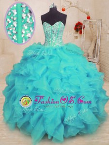 Fabulous Sweetheart Sleeveless Sweet 16 Dress Floor Length Beading and Ruffles Aqua Blue Organza