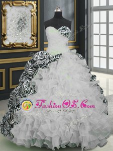 Dramatic Printed White Sweetheart Lace Up Beading and Ruffles and Pattern 15th Birthday Dress Brush Train Sleeveless