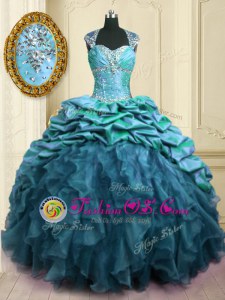 Teal Sweetheart Neckline Beading and Ruffles and Pick Ups Ball Gown Prom Dress Cap Sleeves Lace Up