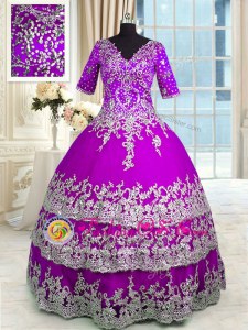 Vintage Purple Satin and Tulle Zipper V-neck Half Sleeves Floor Length Quinceanera Gown Appliques and Ruffled Layers