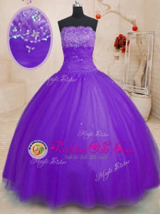 Simple Purple Ball Gowns Beading Sweet 16 Dress Lace Up Tulle Sleeveless Floor Length