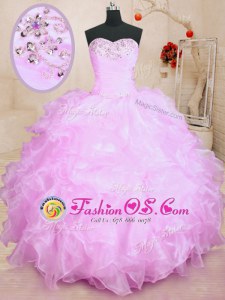 Top Selling Organza Sweetheart Sleeveless Lace Up Beading and Ruffles Quinceanera Dresses in Watermelon Red