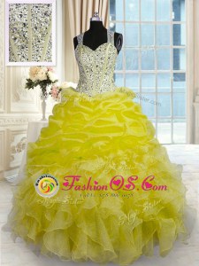 Pretty Yellow Zipper Straps Beading and Ruffles Quince Ball Gowns Organza Sleeveless