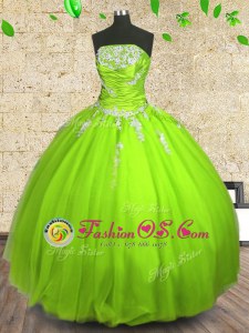 Floor Length Sweet 16 Dress Tulle Sleeveless Appliques and Ruching