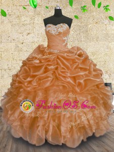 New Arrival Orange Ball Gowns Sweetheart Sleeveless Organza Floor Length Lace Up Beading and Appliques and Ruffles and Sequins Ball Gown Prom Dress