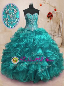 Apple Green Organza Lace Up Vestidos de Quinceanera Sleeveless Floor Length Beading and Ruffles and Pick Ups