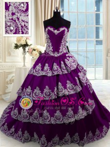 Trendy Ruffled Purple Sleeveless Taffeta Court Train Lace Up 15 Quinceanera Dress for Military Ball and Sweet 16 and Quinceanera