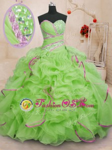 Hot Selling Ball Gowns Organza Sweetheart Sleeveless Beading and Ruffles With Train Lace Up Sweet 16 Dresses Brush Train