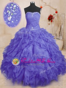 Purple Ball Gowns Organza Strapless Sleeveless Beading and Ruffles and Ruching Floor Length Lace Up Quinceanera Dress