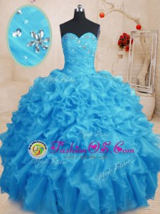 Clearance Organza Sweetheart Sleeveless Lace Up Beading and Ruffles Sweet 16 Dresses in Baby Blue