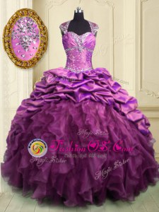 Lilac Ball Gowns Organza and Taffeta Sweetheart Cap Sleeves Beading and Ruffles and Ruffled Layers and Pick Ups With Train Lace Up Quinceanera Dresses Brush Train