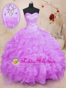 Fancy Lilac Lace Up 15 Quinceanera Dress Beading and Ruffles Sleeveless Floor Length