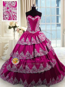 Glorious Taffeta Sweetheart Sleeveless Court Train Lace Up Beading and Appliques and Embroidery and Ruffled Layers Quinceanera Gown in Fuchsia