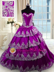 Eggplant Purple Sleeveless Beading and Appliques and Ruffled Layers With Train Sweet 16 Dresses