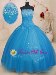 Baby Blue Strapless Lace Up Beading Quinceanera Dresses Sleeveless