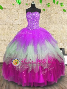 Multi-color Tulle Lace Up Quince Ball Gowns Sleeveless Floor Length Beading and Ruffles and Ruffled Layers