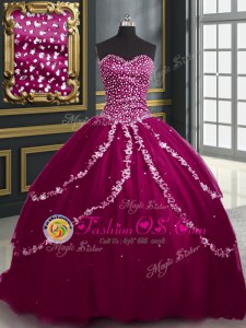 Stunning Burgundy and Fuchsia Tulle Lace Up Sweetheart Sleeveless With Train 15th Birthday Dress Brush Train Beading and Appliques