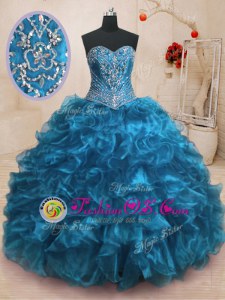 Adorable Blue Organza Lace Up Quinceanera Gown Sleeveless With Train Sweep Train Beading and Ruffles
