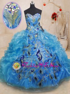 Floor Length Baby Blue Quinceanera Gown Organza Sleeveless Beading and Appliques and Ruffles